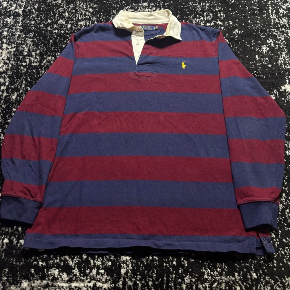 Polo Ralph Lauren Mens Rugby Shirt XL Long Sleeve Striped Navy Burgundy Yellow - Picture 1 of 5